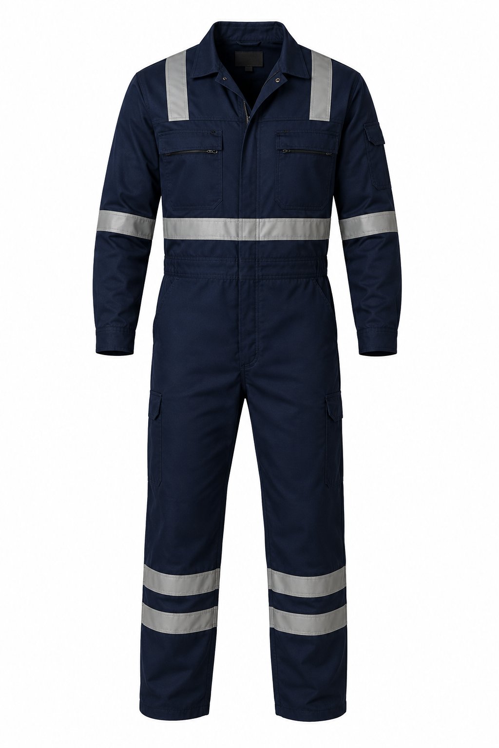 Overol industrial azul marino con cinta reflejante NOM-017 mayoreo México VESTUM